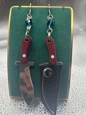 Handmade Witch B*tch Real Knife and Blue/Green Glass Bead Earrings